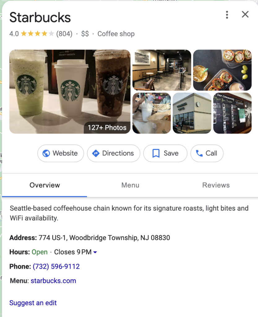 An example showing local SEO in action using Starbucks' Google My Business profile